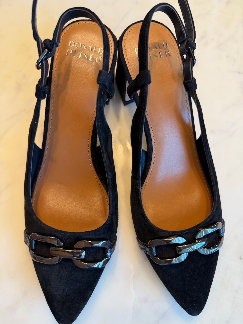 Donald J. Pliner Black Suede Pointed Slingback Heels with Chain Accent